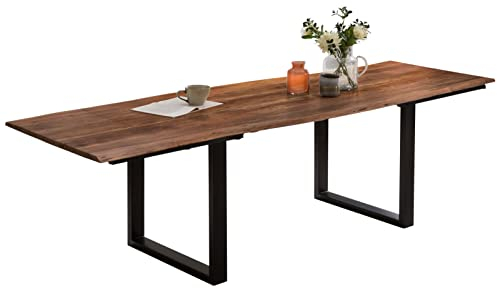 SAM Baumkantentisch 160 (260) x 90 cm Adina, Akazienholz nussbaumfarben & massiv, Esszimmertisch mit 2 Ansteckplatten, Mattschwarzes U-Metallgestell, Platte 26mm