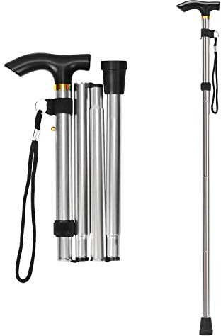 supregear Canne Pliante, Hauteur Réglable à 5 Niveaux Canne de Marche Légère Portable Bâtons de Voyage avec Dragonne et Poignée en T pour Personnes Âgées Handicapées Hommes Femmes, Argent
