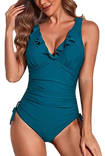 Yutdeng Traje de Baño Mujer de Una Pieza Volantes Cuello en V Fruncido Monokini Push Up Ropa de Baño Reductores Barriga Bañador con Relleno y Cordón Bañadores Natacion Sexy Retro