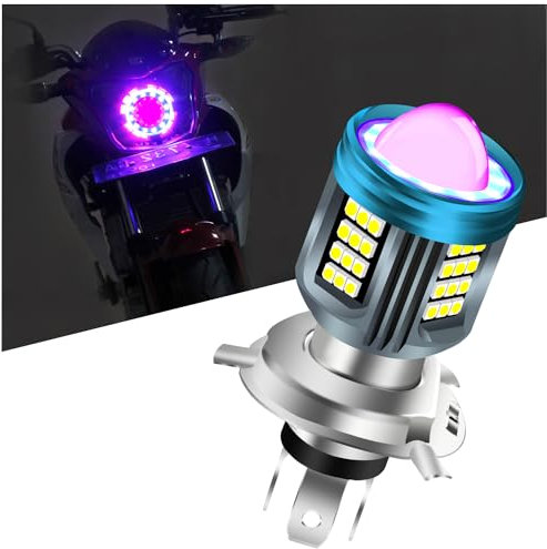 NHHEO HB2 H4 LED Faro Del Motociclo Lampadina Rosso Blu Angelo Occhio 25W 6000K con Faretto Super Bright Moto High Beam/Low Beam Bianco 4 Modalità Illuminazione Plug and Play 12V-80V 1PCS