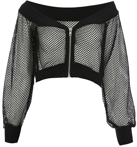Festival Outfit Damen Techno Rave Oberteil Bauchfrei Crop Top Langarm Netz T-Shirt mit Kapuze Casual Kleidung Frauen Netzoberteil Netzpullover Schulterfrei Cropshirt f?r Party Strand Urlaub Schwarz XL
