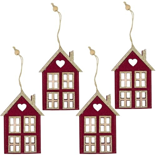 MIJOMA Juego de 4 colgantes de fieltro navideño, bonito como decoración para árbol de Navidad, para arreglo de Adviento, fieltro decorado con elementos de madera y purpurina, lazo para colgar (casa 4