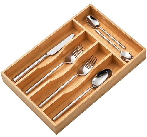 Umilife Bamboo Kitchen Drawer Organizer, 8.25 Inch Silverware Utensils Tray Holder for Small Drawer, Wood Caddy for Flatware Cutlery Knives