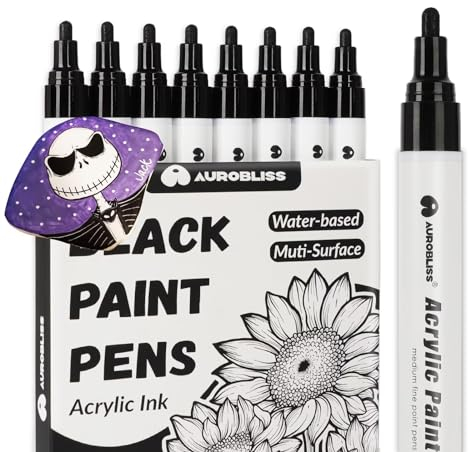 Aurobliss Acrylstifte Schwarz 8 Stück, Wasserfester Stift für Holz, Leinwand, Steine, Plastik, Kleidung, Stoff Permanent Marker Schwarz Dicke 2-3mm