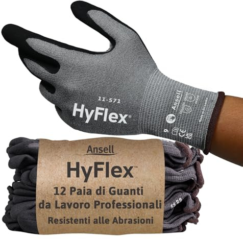 Ansell HyFlex 11-571 Guanti Antitaglio, Rivestimento in Nitrile Traspirante, Guanti da Lavoro Professionali Alta Protezione, Donna e Uomo, Lavabili, Grigio, Taglia M (12 Paia)