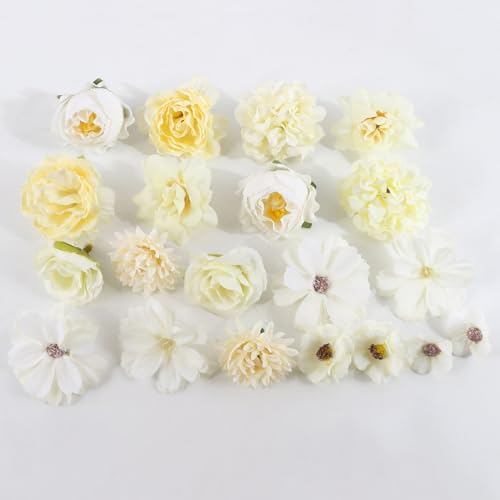 Tashce 20 Stücke Kunstblumen Köpfe 2-5cm Verschiedene Sorten, Künstlich Deko Blumen, Klein Fake blütenköpfe künstlich, Dekoblumen, Kunstblumen zum DIY Basteln, Tortendeko, Hochzeit Deko (Weiß)