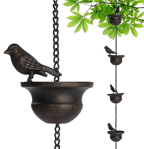 Chaîne de pluie, chaînes de pluie à oiseaux en métal de 2,4 m pour les chaînes de pluie suspendues à l'extérieur et à suspension mobile pour gouttières, capteurs de pluie décoratifs à la rouille pour