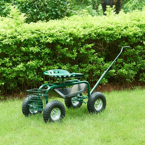 pro.tec Sgabello da Giardinaggio con Ruote Pneumatiche e Sedile Regolabile in Altezza Carrello in Acciaio da Giardino 81x45 cm con Manico Vassoio e Cestello Porta Attrezzi - Verde/Nero/Argento