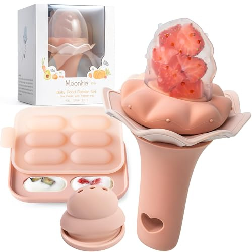 Moonkie succhietto per bambini con vassoio per congelatore, 1 pezzi, per 4 mesi in su, sacchetti di due dimensioni, manico con sonaglio, silicone senza BPA