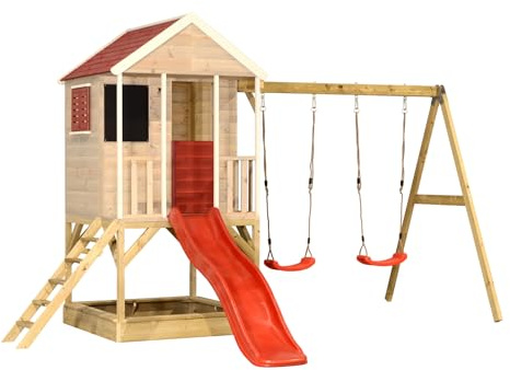 Wendi Toys casetta con scivolo e altalena per bambini da esterno in legno, FSC, 290×405×242 cm, con scivolo 175 cm e sabbiera, resistente alle intemperie, rossa - M29R