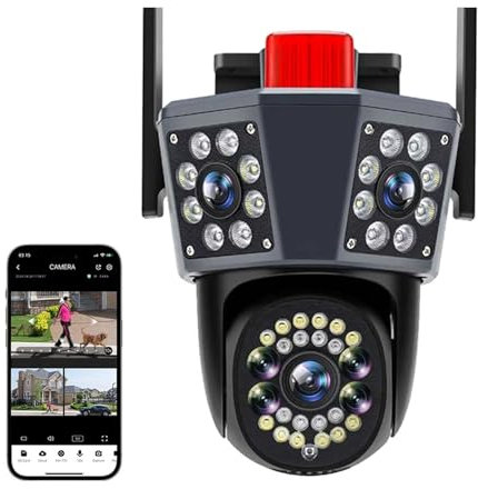 RKYRRKI Surveillance DVR Kits, 12MP 6K PTZ Three Screen Camera Outdoor Three Screens Protection Auto Tracking Motion Detection Video Survalance IP Camera,Outdoor CCTV(Camera Add 64G SD)