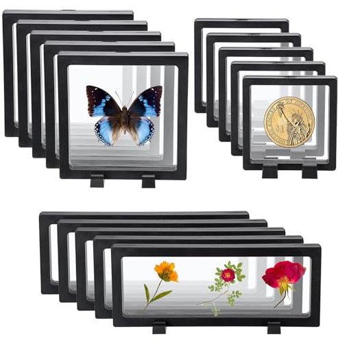 SUMTree 15 pezzi cornice sospesa 3D nero Floating Display Case trasparente con cornice portamonete con base, vetrina galleggiante per medaglie, conchiglie, fossili, anello, orecchino, bracciale