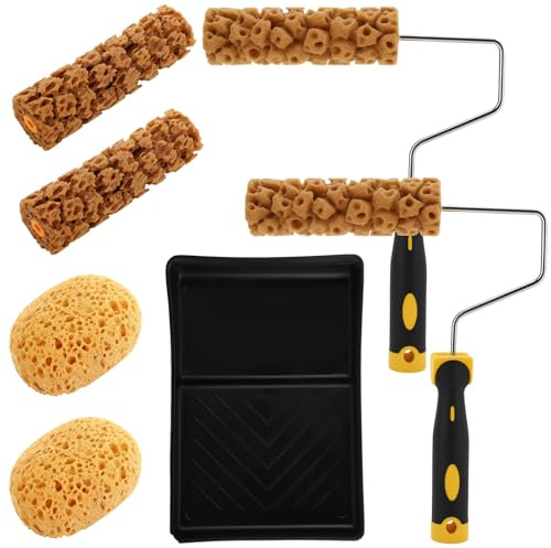 Texture Sponge Paint Rollers Kit, Texture Pattern Paint Roller Brush, Decorate for Wall Painting Tool with Rollers Frame, Sponges and Tray, Decor Art Painting Roller for Home Wall Ceiling (5)