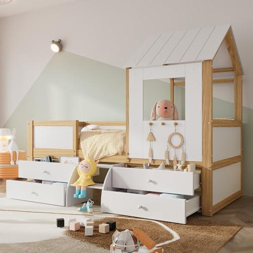 Aunvla Barnsäng mellanhög säng hussäng med tak och fönster, fyrsidigt staket, med 4 lådor och liten trappa, furu + MDF + plywood, vit + natur, 90 x 200 cm