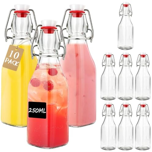 Otauoaea Lot de 10 Bouteille Verre 250ml, Petite Bouteille en Verre avec Bouchon Bouteilles à Liqueur et à Remplir Fiole en Verres ，Bouteilles Vide Verres pour Liqueurs, Huile, Vinaigrette, Bière, Jus