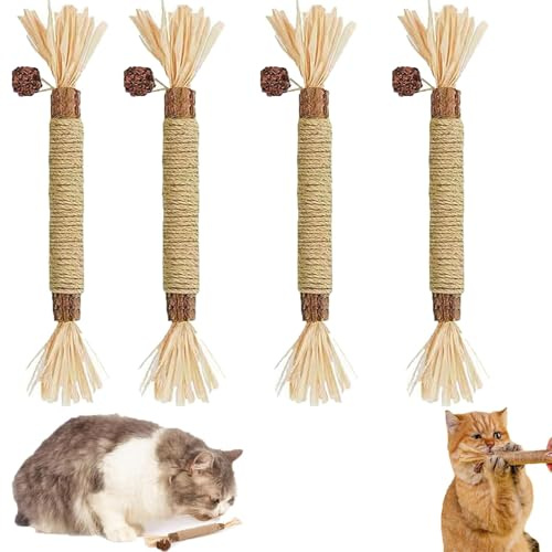 Palitos de Hierba Gatera Matatabi para Gatos, 4 Piezas Juguete Natural de Catnip Silvervine, Juguetes Masticables para Gatos y Gatitos, Palitos Dentales Naturales para Cuidado Oral y Juego Interactivo