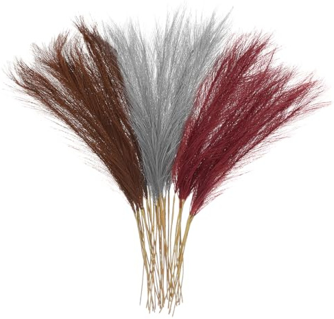 QUARKZMAN 30 Pcs Hierba Pampa Falsa 52cm/20.5 Decoración Artificial Hierba Pampa Seca con Tallo para Relleno Florero Piso, Decoración BodasHogar, Marrón Oscuro/Gris Claro/Rojo Vino