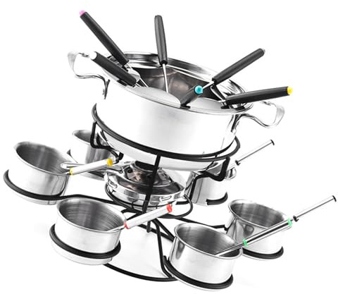 Fonduegryta set i rostfritt stål – robust choklad fondue-gjutjärn, ostfondue för 6, personer med fonduegafflar choklad karamell | Multisyfte Outdoor Indoor Utility