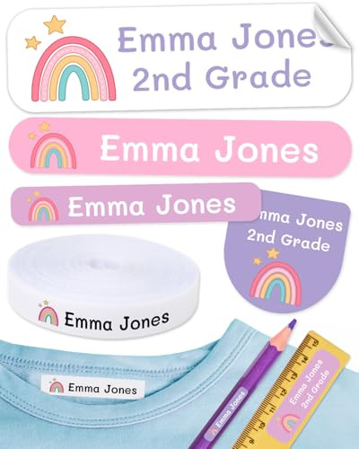 155 pegatinas personalizadas para marcar ropa y objetos. 100 Etiquetas de tela termoadhesiva para planchar en la ropa + 55 etiquetas adhesivas para objetos resistentes al agua. Nombre personalizado.
