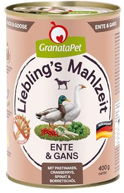 GranataPet Pasto preferito anatra e oca, cibo umido per cani, cibo per cani senza cereali e senza zuccheri aggiunti, 6 x 400 g