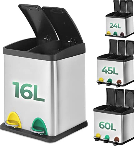 Jago® Mülleimer – 16/24/45/60 L - 2 oder 3 fächer, Edelstahl, mit Inneneimer, Handgriff, Deckel, für Küche-Abfalleimer, Mülltrenner, Mültrennsystem, Abfallsammler, Treteimer (16 Liter (2 x 8L))