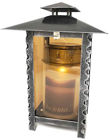 Lanterne funéraire rectangulaire en acier avec verre parsolaire et motif perforé dans les baleines avec bougie LED 21 cm (aluminium)
