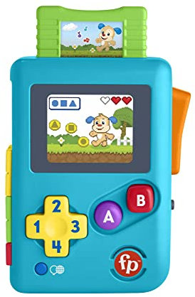 Fisher-Price Ríe y Aprende Miniconsola Retro de Aprendizaje con Luces y Sonidos, Juguete de para bebé +6 Meses, versión español + portugués + Italiano + inglés (HHX12)
