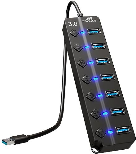 GLOBAL TECH 7-Port USB Hub 3.0 – USB Verteiler Multiport Adapter mit EIN/AUS Schalter und LED Anzeigen – USB Hub Splitter fur PC, Laptop, MacBook, USB Stick, Externe Festplatten und mehr