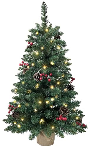 Pre-lit Mini Christmas Tree 90cm/3ft,121 Branches Tips Artificial Pine Xmas Tree with 70 LED Lights & 11 Red Berry & 11 Pinecone Burlap Base Decorate for Tabletop
