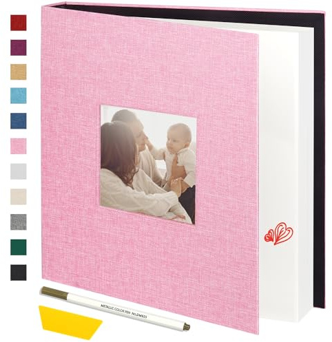 Miaikoe Album fotografico autoadesivo per foto da 10 x 15 cm, 13 x 18 cm, 20 x 25 cm, 40 pagine, copertina in lino, con finestra di visualizzazione, libro fai da te con penna metallica e raschietto