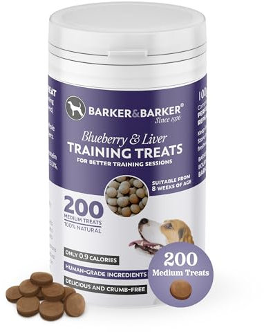 Barker and Barker Grain Free Dog Training Treats - 200 Medium Blueberry & Liver Treats - Low Calorie, High in Protein, Vitamin C, B6, & E - 100% Human-Grade Ingredients for Small & Medium Breed Dogs