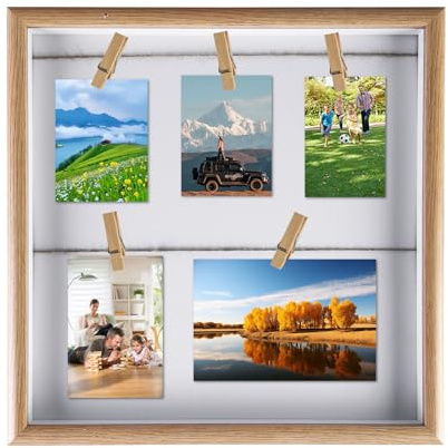 Sporgo Cornice portafoto con clip e guinzaglio: fai da te in legno, cornice multipla, foto da parete con clip, per foto, cartoline, appunti, biglietti da concerti