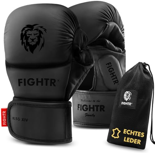 FIGHTR® MMA Pro Sparring Echtleder Handschuhe mit bestem Sitz für maximale Stabilität | extra Dicke Polsterung | für Sparring, MMA, Kickboxen & Kampfsport | inkl. Tragetasche (All Black, L)