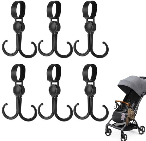 Gjinxi 6 Stück Kinderwagen Haken, Klettverschluss Haken 360° Drehbar Kinderwagenhaken für Wickeltasche Taschenhalter Einkaufswagen Fahrräder Kinderwagen Zubehör