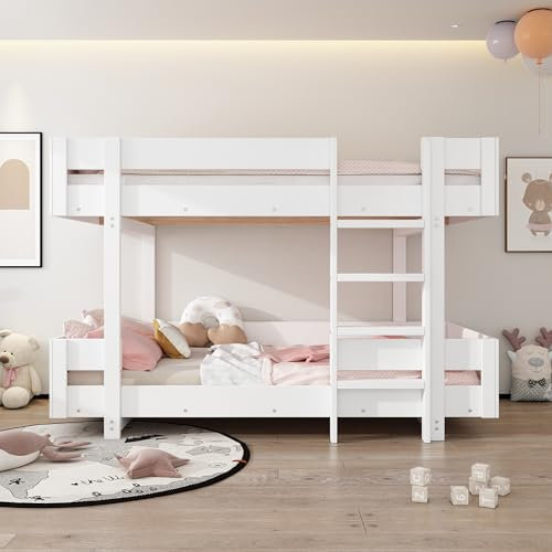 Ymkua Etagenbett Kinderbett 90x200, Hochbett Bett für 2 Kinder mit Verstärktes Geländer, Holzbett Hausbett mit Leiter und Lattenrost aus Holz, Modern Bettgestell für Schlafzimmer, Weiß, Ohne Matratze