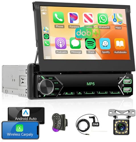 Wireless Carplay Autoradio 1 Din mit DAB+/DAB Adapter Android Auto 7 Zoll Ausfahrbares Bildschirm Autoradio mit Mirror Link Bluetooth FM Radio DAB/USB/AUX Lenkradsteuerung Rückfahrkamera