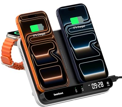 Caricatore Wireless Dual per iPhone 17/Air/17e/16/15/14/13/12, Stazione di Ricarica per Apple Watch 11/10/9/8/7/6/Ultra 3/SE 3 & AirPods 4/Pro 3, Caricabatterie Senza Fili per 2 Phone, SwanScout 710A