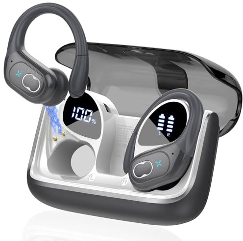 STECEi Wireless Earbuds, 75H Bluetooth 5.4 Headphones Sport with 4 ENC Noise Cancelling Mic, HiFi Stereo Wireless Earphones with Earhooks, IP7 Waterproof Ear Buds for Sport/Running/Gym, Iron Gray