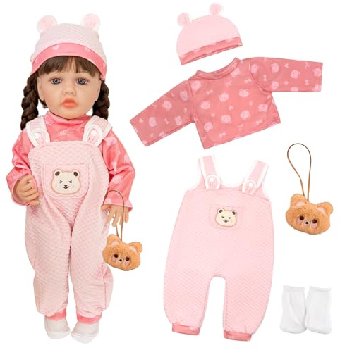 Lot de 5 vêtements de poupée pour poupées de 50,8 à 55,9 cm, salopette rose avec 1 haut imprimé ours + 1 combinaison + 1 chapeau + 1 pendentif ours + chaussettes, 50 à 56 cm