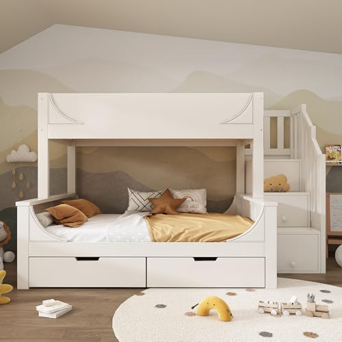 Merax Double Bunk Bed, Children's Bed, with Storage Stair, Drawers on wheels, Fall Protection and Railings, for Family with Multiple Children, Solid Wood, White (90+135) x 190 cm