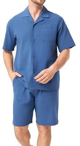 DAVID ARCHY Ensemble de pyjama pour homme 100 % coton effet lin vêtements d'extérieur vêtements d'extérieur à manches courtes avec poches