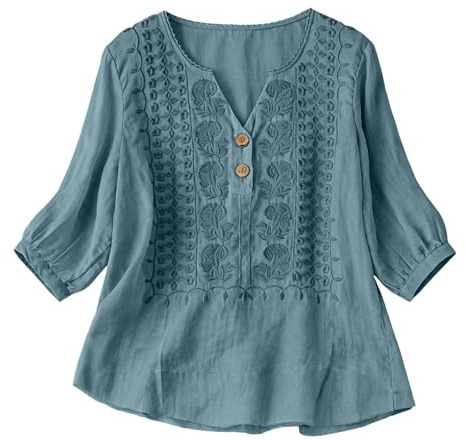 tshirts women uk,Ladies Tops 2026 Women Cotton Linen 3/4 Sleeve Tunic Boho Summer Shirts V Neck Workout Dressy Clothing Vintage Bohemian Loose Going Out T-Shirt UK Fashion Blouse Top