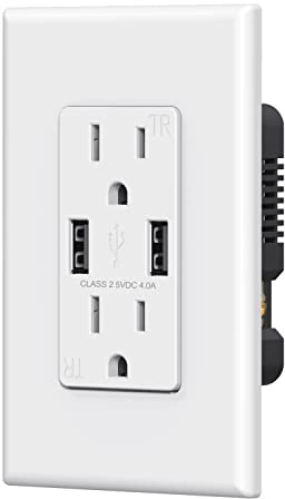 ELEGRP USB Wall Outlet Receptacle with Dual 4.0 A USB Ports, 15 Amp Duplex Tamper Resistant Receptacle, Charging Power Outlet with USB Ports, Wall Plate Included, UL Listed (1 Pack, Glossy White)