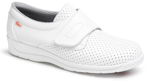 DIAN - 1900 Vit 43, Arbetssko för Hälsa och gästfrihet, Sko med kardborreband utan snörning, Unisex, Vadderad innersula och halkfri sula, antistatisk och anti-trummis