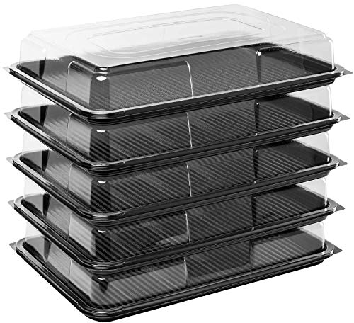 Deli Supplies Pack of 5 Large Rectangle Food, Cake, Sandwich Platter Tray Set, Black Tray Base with Clear Lid Durable Buffet Catering Food Sandwich Trays (L450mm x W310mm x 75mm with Lids)