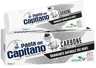 Pasta del Capitano, Dentifricio Carbone Vegetale Attivo Bio, Sbiancante Naturale dei Denti in Pasta Nera, Efficace contro le Sostanze che Macchiano lo Smalto, 100% Made in Italy, Tubetto da 75 ml