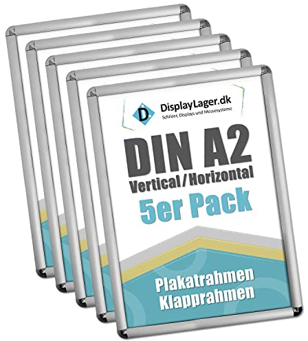 DisplayLager, Dänische Qualität - 5'er Sparpack Silber DIN A2 Rondo Klapprahmen mit 25mm Aluminium Profil, Entspiegelter Schutzscheibe, Befestigungsmaterial
