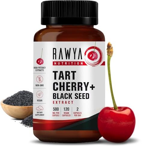 RAWYA Nutrition Tart Cherry Extract Capsule - Enhanced with Black Seed Extract, 120 Capsules, 500 mg per Capsule, Antioxidant, Helps to Sleep, Immune System Booster, Gluten Free, Halal, Vegan