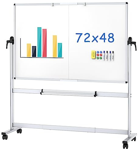VIZ-PRO Double-Sided Mobile Whiteboard, 72 x 48 Inches, Magnetic Rolling Dry Erase White Board on Wheels with Aluminium Frame and Stand 6' x 4'