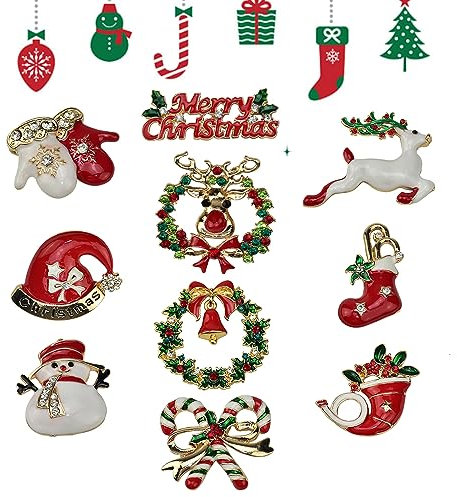 Kleemeiero 10 Stück Weihnachten Brosche Pin Set Weihnachtsserie Pin Weihnachts Strass Broschen Kristall Weihnachtsschmuck Beinhaltet Schneemann Rentier Weihnachtsbaum für Kleidung Geschenk Ornamente